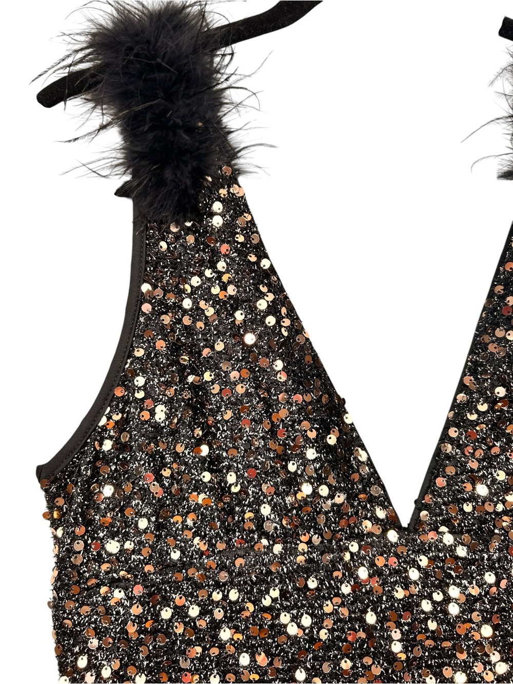 Sequin Feather-Trim Black V-Neck Cocktail Dress, XL Bodycon, Formal Event - Picture 5 of 9
